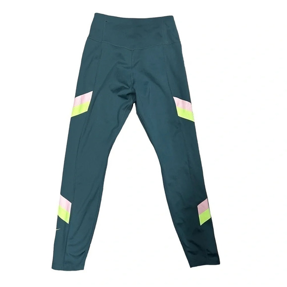 Nike One Women's Small Mid Rise 7/8 Colorblock Leggings‎ Teal/Safety Yellow/Pink - Picture 2 of 8